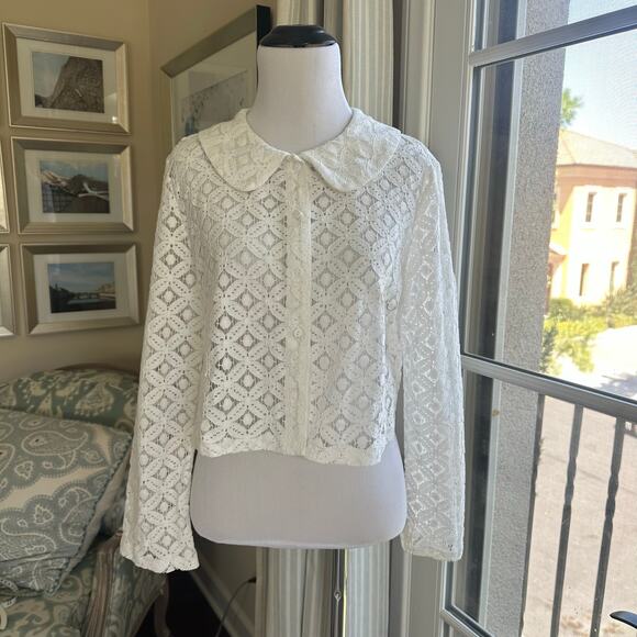 Women White Crochet Lace Button Down Long Sleeve Crop Top Size US M/ 6 - Picture 1 of 7